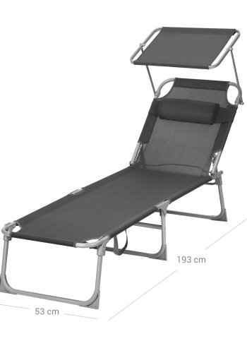SONGMICS liggestol, solseng, hvilestol, med nakkest�tte, justerbar rygl�n, solsk�rm, let, foldbar, 53 x 193 x 29,5 cm, lasteevne 150 kg, til haven, m�rkegr� GCB19UV1