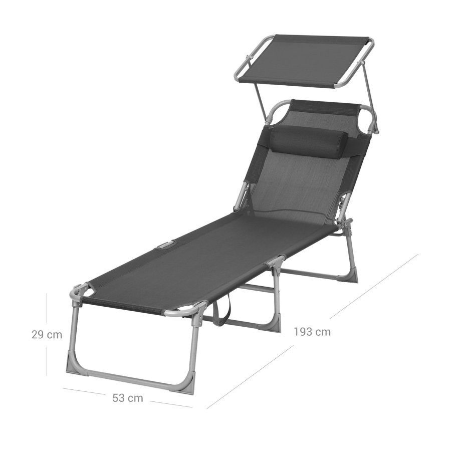SONGMICS liggestol, solseng, hvilestol, med nakkest�tte, justerbar rygl�n, solsk�rm, let, foldbar, 53 x 193 x 29,5 cm, lasteevne 150 kg, til haven, m�rkegr� GCB19UV1