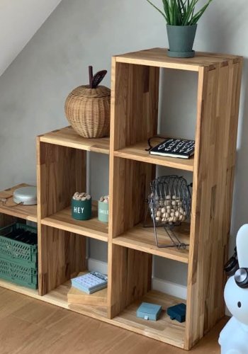 NOCNOI Puzzle asymmetrisk reol, m. 6 rum - massivt olieret eg (104x104)