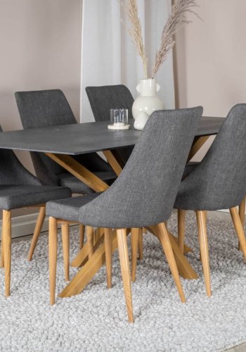 VENTURE DESIGN Leone spisebordstol, med armlener - mrkegr polyester og naturmetall