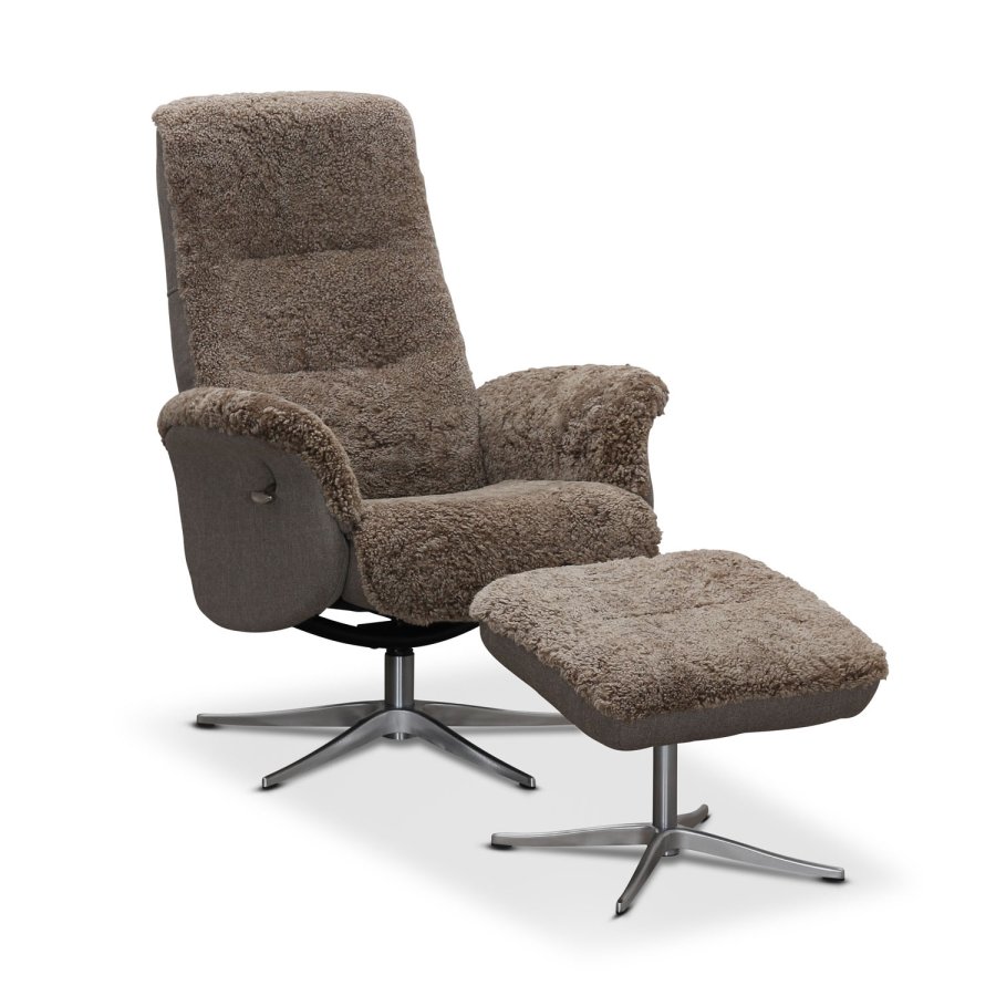 HAGA Ullrik recliner lnestol, m. drejefunktion og fodskammel - lysebrun freskind og metal