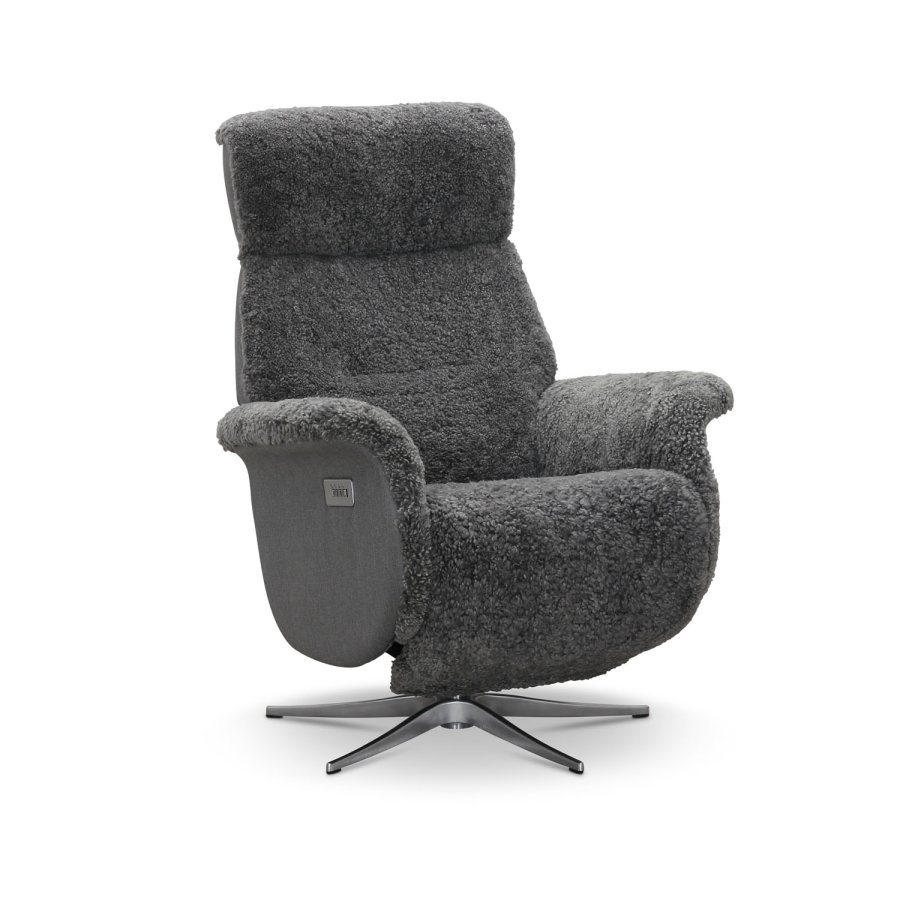 HAGA Lissabon Relaxsessel, mit zwei Motoren - hellgraues Schaffell und Metall