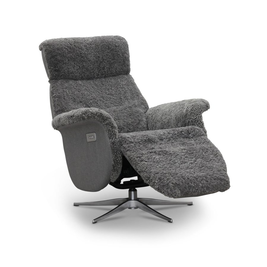 HAGA Lissabon Relaxsessel, mit zwei Motoren - hellgraues Schaffell und Metall