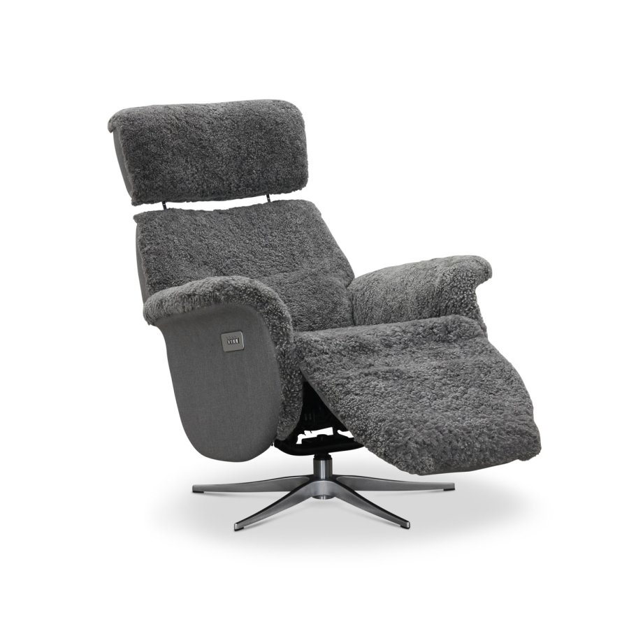 HAGA Lissabon Relaxsessel, mit zwei Motoren - hellgraues Schaffell und Metall