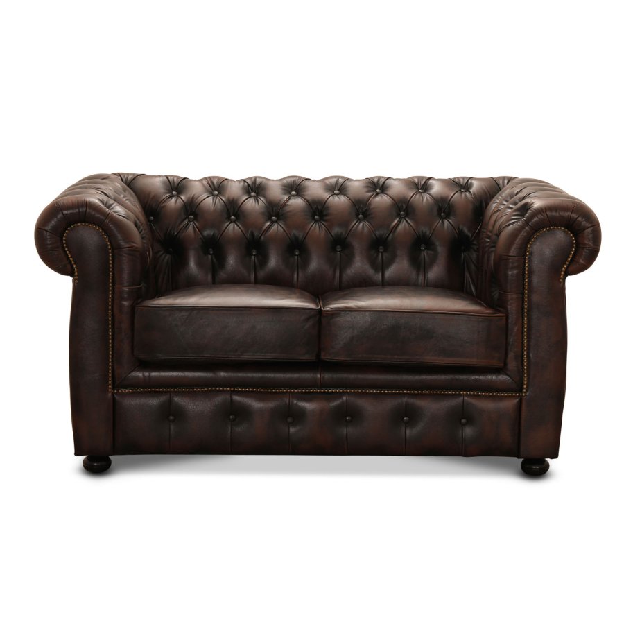 HAGA Liverpool 2. person chesterfield sofa - brunt skinn og tre