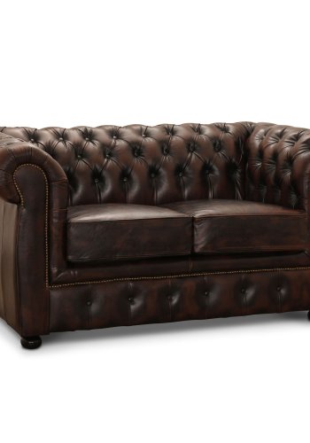 HAGA Liverpool 2. person chesterfield sofa - brunt skinn og tre