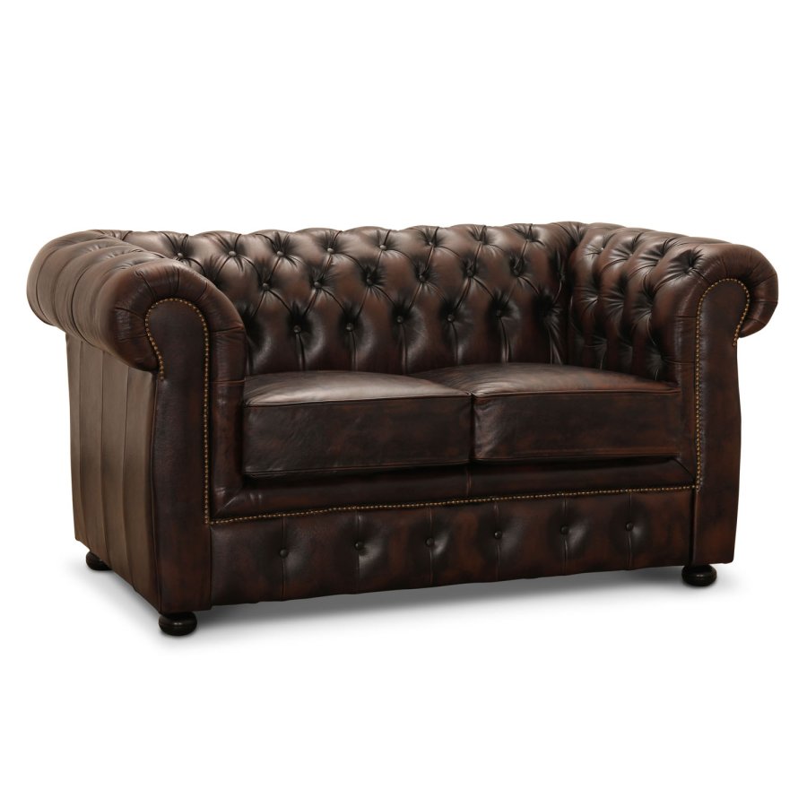 HAGA Liverpool 2. person chesterfield sofa - brunt skinn og tre