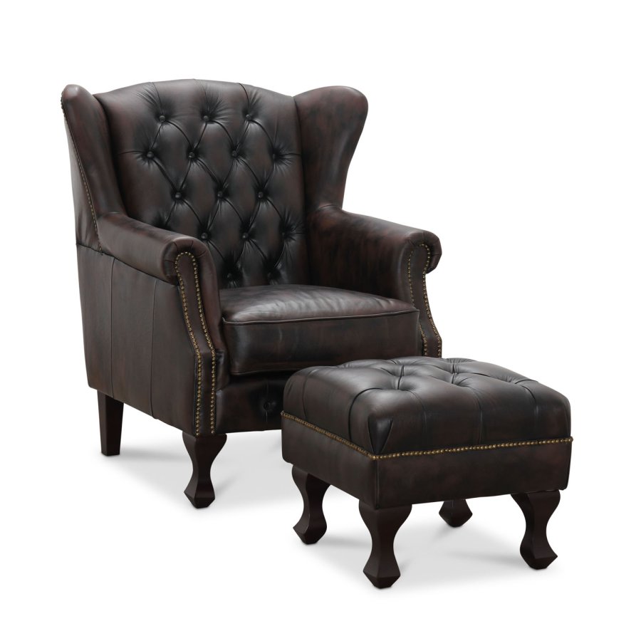 HAGA Aberdeen chesterfield lenestol - brunt skinn og tre