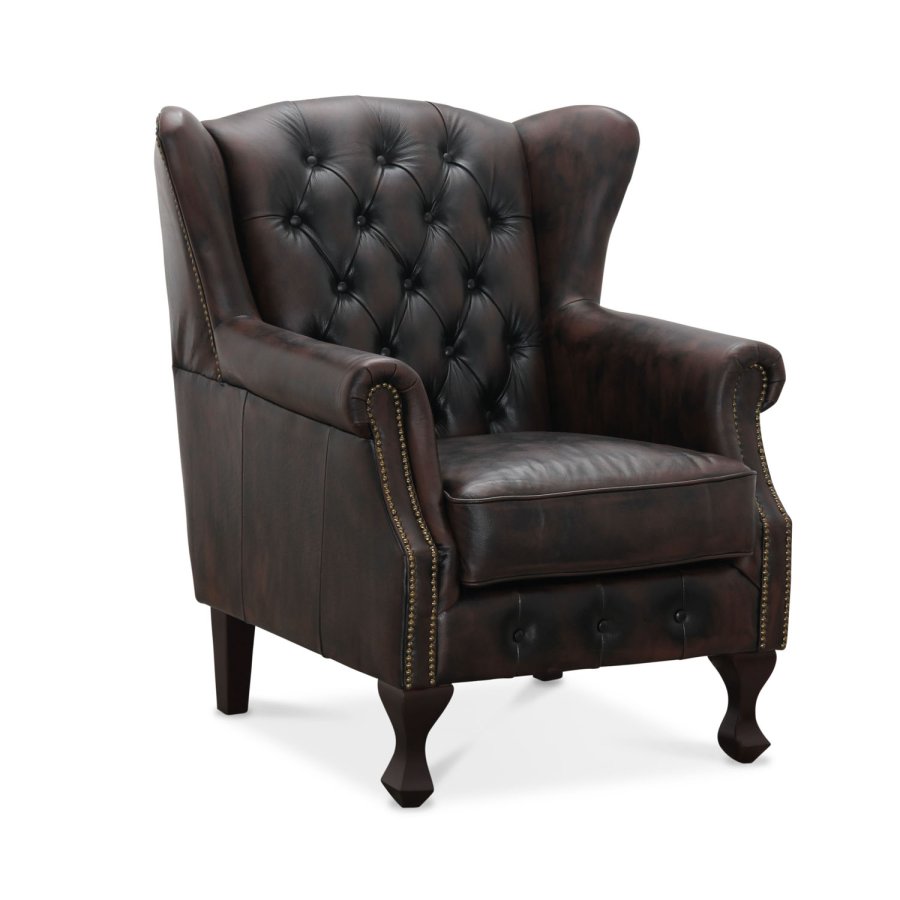 HAGA Aberdeen chesterfield lenestol - brunt skinn og tre