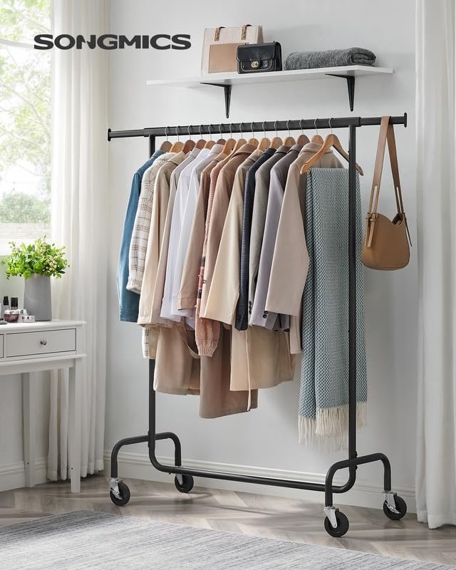 SONGMICS klesstativ med hjul, kraftig klesstativ med uttrekkbar stang, 114 kg lastekapasitet, 43,7 x (114139,3 x 162,8 cm), matt svart UHSR011B01