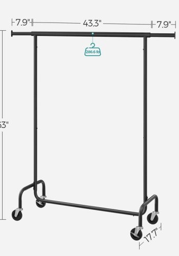 SONGMICS klesstativ med hjul, kraftig klesstativ med uttrekkbar stang, 114 kg lastekapasitet, 43,7 x (114139,3 x 162,8 cm), matt svart UHSR011B01