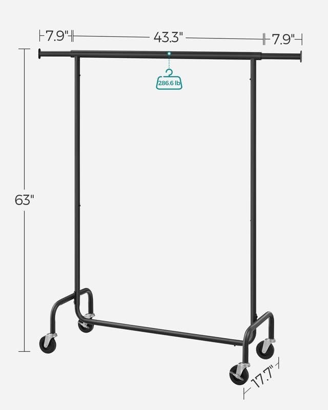 SONGMICS klesstativ med hjul, kraftig klesstativ med uttrekkbar stang, 114 kg lastekapasitet, 43,7 x (114139,3 x 162,8 cm), matt svart UHSR011B01