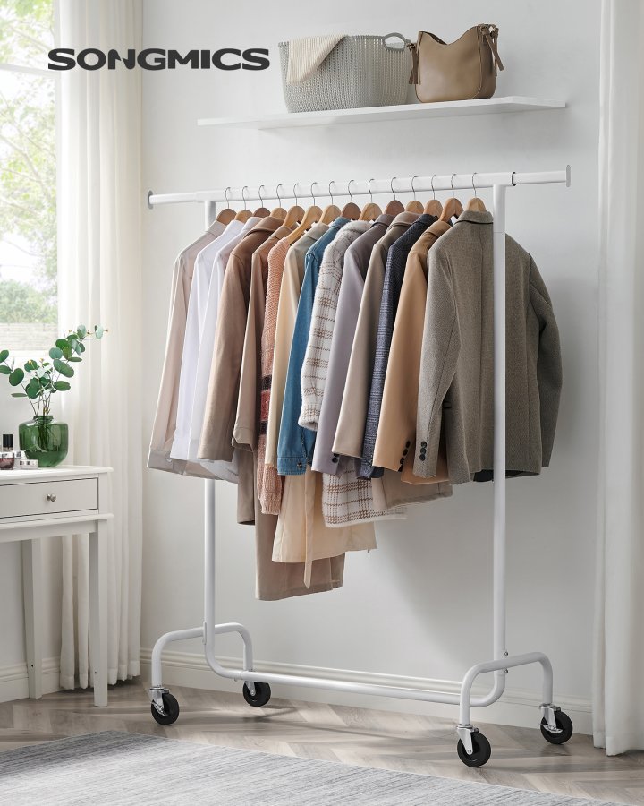 SONGMICS kl&auml;dst&auml;llning med hjul, kraftig kl&auml;dst&auml;llning med utdragbar upph&auml;ngningsst�ng, 130 kg lastkapacitet, 45 x (110-150) x 160 cm, f&ouml;rkromad, mattvit UHSR011W01
