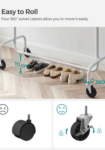 SONGMICS kl&auml;dst&auml;llning med hjul, kraftig kl&auml;dst&auml;llning med utdragbar upph&auml;ngningsst�ng, 130 kg lastkapacitet, 45 x (110-150) x 160 cm, f&ouml;rkromad, mattvit UHSR011W01