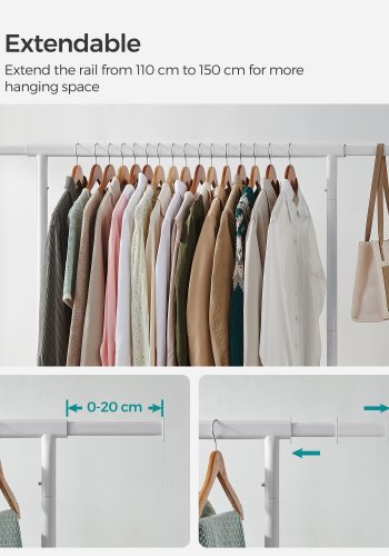 SONGMICS kl&auml;dst&auml;llning med hjul, kraftig kl&auml;dst&auml;llning med utdragbar upph&auml;ngningsst�ng, 130 kg lastkapacitet, 45 x (110-150) x 160 cm, f&ouml;rkromad, mattvit UHSR011W01