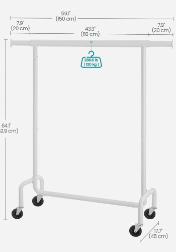 SONGMICS kl&auml;dst&auml;llning med hjul, kraftig kl&auml;dst&auml;llning med utdragbar upph&auml;ngningsst�ng, 130 kg lastkapacitet, 45 x (110-150) x 160 cm, f&ouml;rkromad, mattvit UHSR011W01