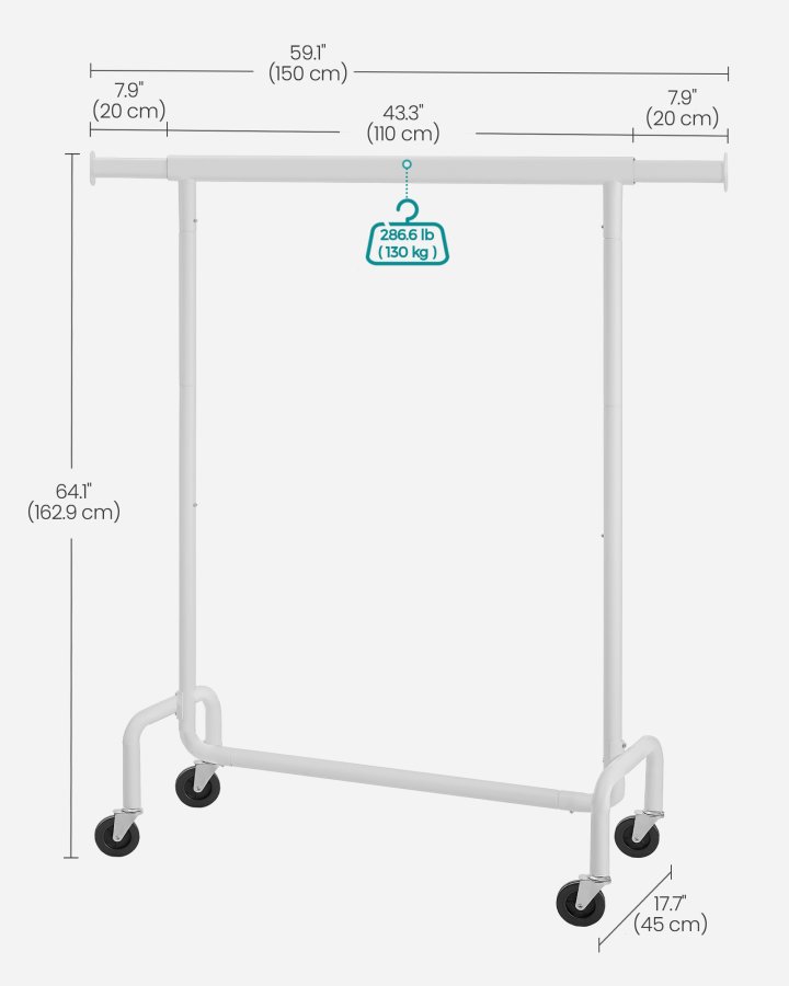 SONGMICS kl&auml;dst&auml;llning med hjul, kraftig kl&auml;dst&auml;llning med utdragbar upph&auml;ngningsst�ng, 130 kg lastkapacitet, 45 x (110-150) x 160 cm, f&ouml;rkromad, mattvit UHSR011W01