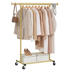 SONGMICS klesstativ p� hjul, kraftig klesstativ, 45 x (92-132) x 161,5 cm, med uttrekkbar hengeskinne, 100 kg lastekapasitet, enkel montering, b�rbar, lys gull HSR013A01