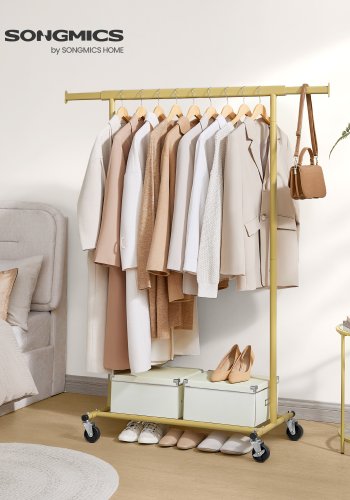 SONGMICS HSR013A01 t�jstativ, m. udtr�kkelig oph�ngningsskinne, hjul - lys guld st�l