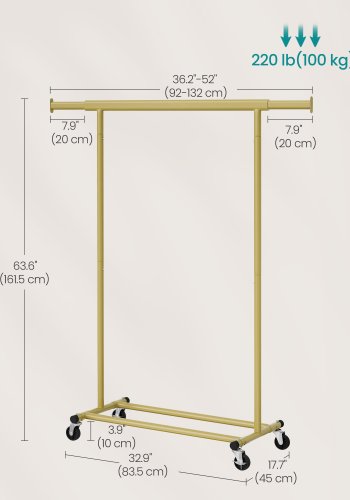 SONGMICS klesstativ p� hjul, kraftig klesstativ, 45 x (92-132) x 161,5 cm, med uttrekkbar hengeskinne, 100 kg lastekapasitet, enkel montering, b�rbar, lys gull HSR013A01