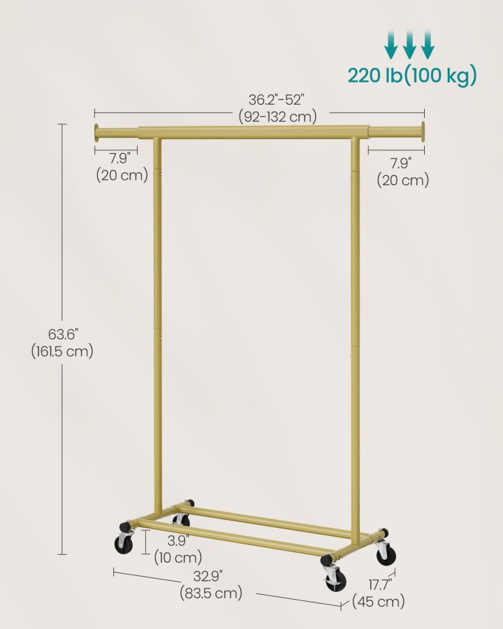 SONGMICS klesstativ p� hjul, kraftig klesstativ, 45 x (92-132) x 161,5 cm, med uttrekkbar hengeskinne, 100 kg lastekapasitet, enkel montering, b�rbar, lys gull HSR013A01