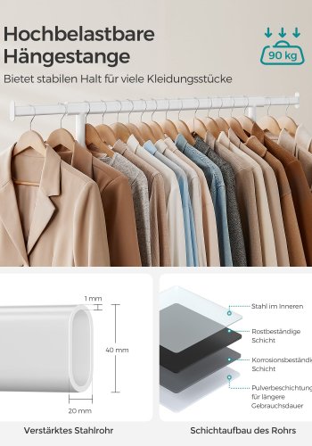 SONGMICS klesstativ p� hjul, kraftig klesstativ, med uttrekkbar hengeskinne, 90 kg lastekapasitet, enkel montering, b�rbar, klassisk hvit HSR013W01