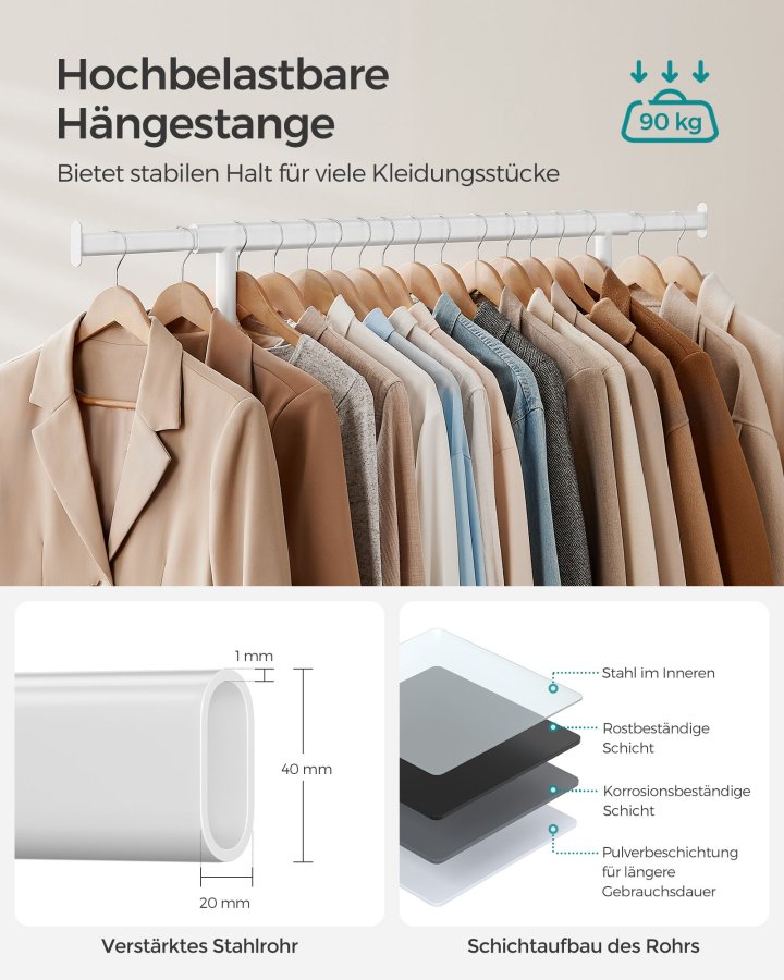 SONGMICS klesstativ p� hjul, kraftig klesstativ, med uttrekkbar hengeskinne, 90 kg lastekapasitet, enkel montering, b�rbar, klassisk hvit HSR013W01