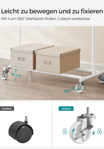 SONGMICS klesstativ p� hjul, kraftig klesstativ, med uttrekkbar hengeskinne, 90 kg lastekapasitet, enkel montering, b�rbar, klassisk hvit HSR013W01