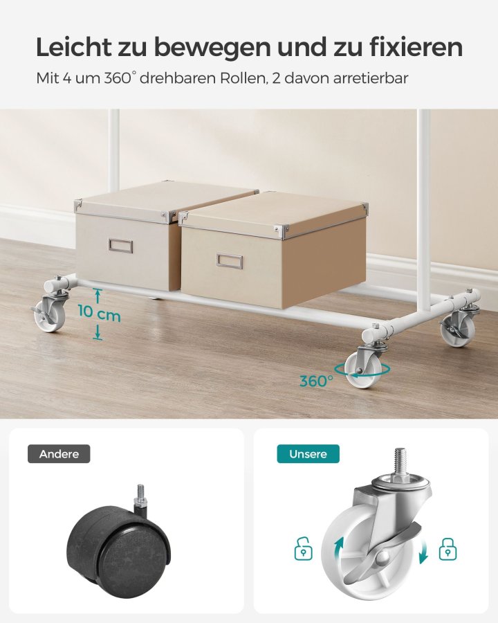 SONGMICS klesstativ p� hjul, kraftig klesstativ, med uttrekkbar hengeskinne, 90 kg lastekapasitet, enkel montering, b�rbar, klassisk hvit HSR013W01
