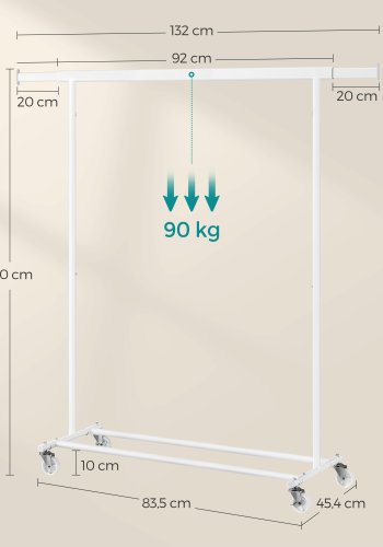 SONGMICS klesstativ p� hjul, kraftig klesstativ, med uttrekkbar hengeskinne, 90 kg lastekapasitet, enkel montering, b�rbar, klassisk hvit HSR013W01