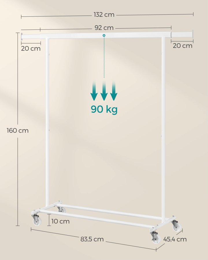 SONGMICS klesstativ p� hjul, kraftig klesstativ, med uttrekkbar hengeskinne, 90 kg lastekapasitet, enkel montering, b�rbar, klassisk hvit HSR013W01