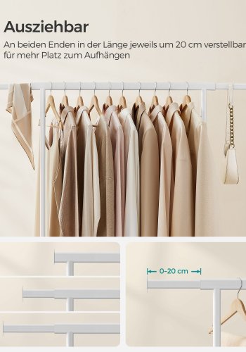 SONGMICS klesstativ p� hjul, kraftig klesstativ, med uttrekkbar hengeskinne, 90 kg lastekapasitet, enkel montering, b�rbar, klassisk hvit HSR013W01