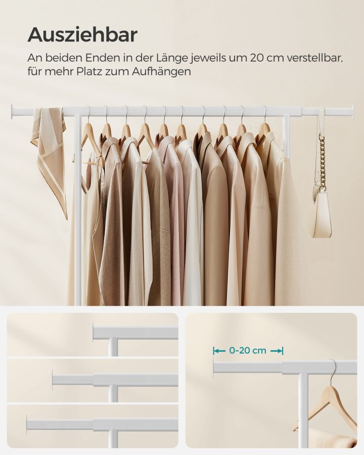 SONGMICS klesstativ p� hjul, kraftig klesstativ, med uttrekkbar hengeskinne, 90 kg lastekapasitet, enkel montering, b�rbar, klassisk hvit HSR013W01