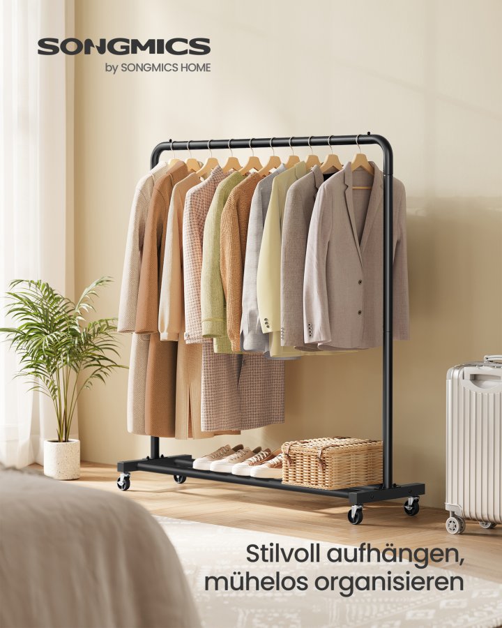 SONGMICS Klesstativ, Klesstativ p� hjul, Kledningsstativ, 2 l�sbare hjul, Soverom, T�ler opptil 50 kg, 38 x 110 x 141,5 cm, Blekksvart HSR016BH01