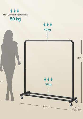 SONGMICS Klesstativ, Klesstativ p� hjul, Kledningsstativ, 2 l�sbare hjul, Soverom, T�ler opptil 50 kg, 38 x 110 x 141,5 cm, Blekksvart HSR016BH01