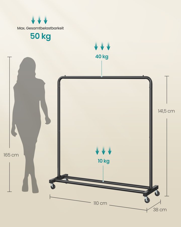 SONGMICS Klesstativ, Klesstativ p� hjul, Kledningsstativ, 2 l�sbare hjul, Soverom, T�ler opptil 50 kg, 38 x 110 x 141,5 cm, Blekksvart HSR016BH01