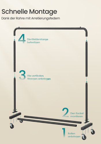 SONGMICS Klesstativ, Klesstativ p� hjul, Kledningsstativ, 2 l�sbare hjul, Soverom, T�ler opptil 50 kg, 38 x 110 x 141,5 cm, Blekksvart HSR016BH01