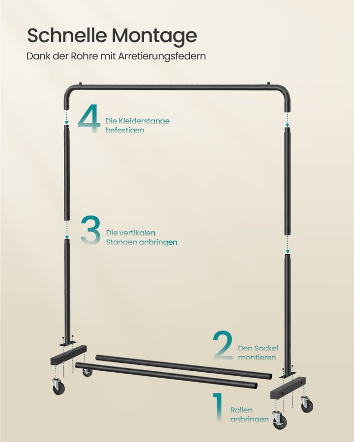 SONGMICS Klesstativ, Klesstativ p� hjul, Kledningsstativ, 2 l�sbare hjul, Soverom, T�ler opptil 50 kg, 38 x 110 x 141,5 cm, Blekksvart HSR016BH01