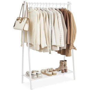 SONGMICS Klesstativ, Klesstativ, Klesstativ med st�lramme, med opphengsstang og hylle, 33,5 x 92,5 x 153 cm, for soverom, garderobe, vaskerom, hvit HSR023W01
