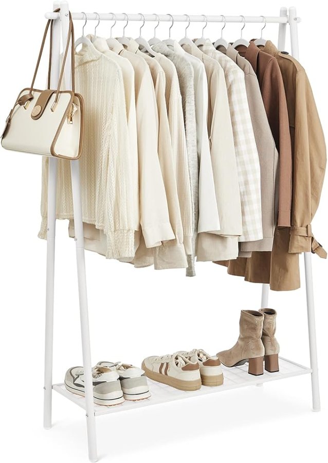 SONGMICS Klesstativ, Klesstativ, Klesstativ med st�lramme, med opphengsstang og hylle, 33,5 x 92,5 x 153 cm, for soverom, garderobe, vaskerom, hvit HSR023W01