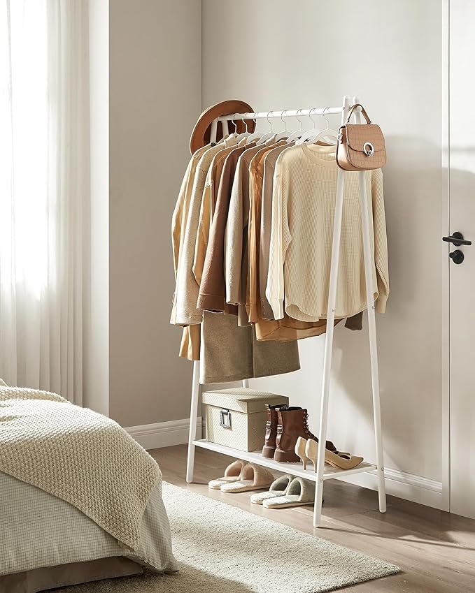SONGMICS Klesstativ, Klesstativ, Klesstativ med st�lramme, med opphengsstang og hylle, 33,5 x 92,5 x 153 cm, for soverom, garderobe, vaskerom, hvit HSR023W01
