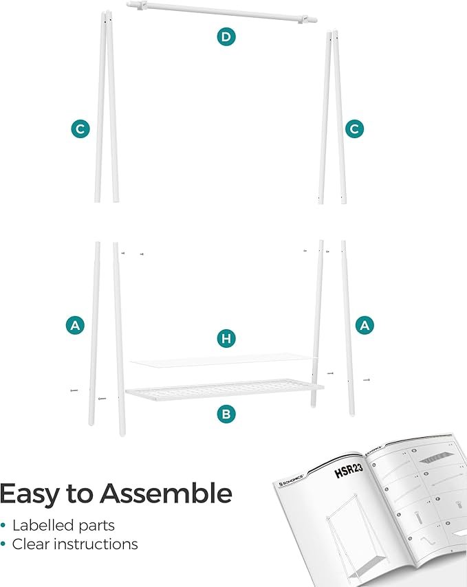 SONGMICS Klesstativ, Klesstativ, Klesstativ med st�lramme, med opphengsstang og hylle, 33,5 x 92,5 x 153 cm, for soverom, garderobe, vaskerom, hvit HSR023W01