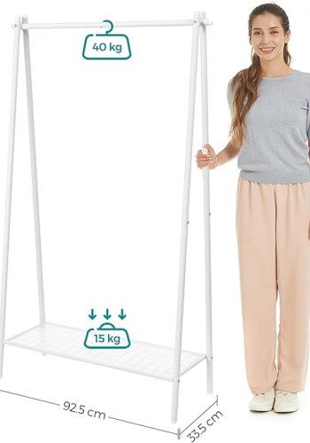 SONGMICS Klesstativ, Klesstativ, Klesstativ med st�lramme, med opphengsstang og hylle, 33,5 x 92,5 x 153 cm, for soverom, garderobe, vaskerom, hvit HSR023W01