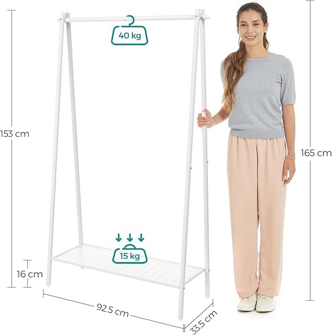 SONGMICS Klesstativ, Klesstativ, Klesstativ med st�lramme, med opphengsstang og hylle, 33,5 x 92,5 x 153 cm, for soverom, garderobe, vaskerom, hvit HSR023W01