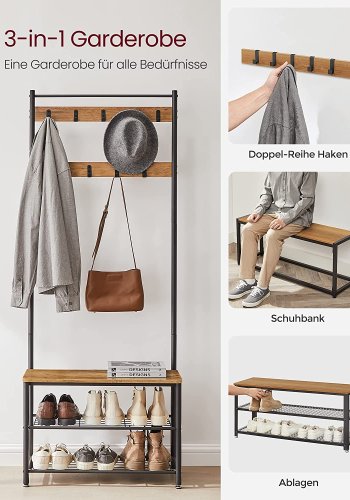 VASAGLE inngangsarrangement, m. 9 kroker, 3 hyller - valnttbrun sponplate og sort stl