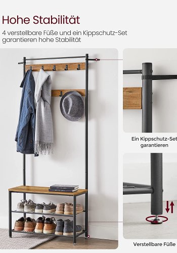 VASAGLE inngangsarrangement, m. 9 kroker, 3 hyller - valnttbrun sponplate og sort stl