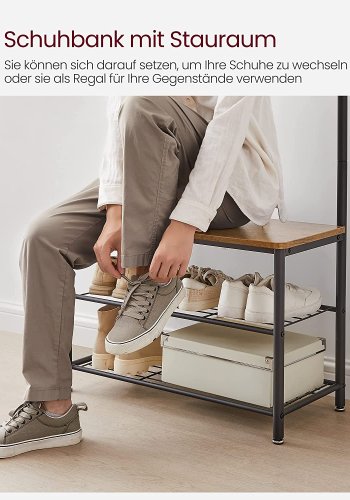 VASAGLE inngangsarrangement, m. 9 kroker, 3 hyller - valnttbrun sponplate og sort stl