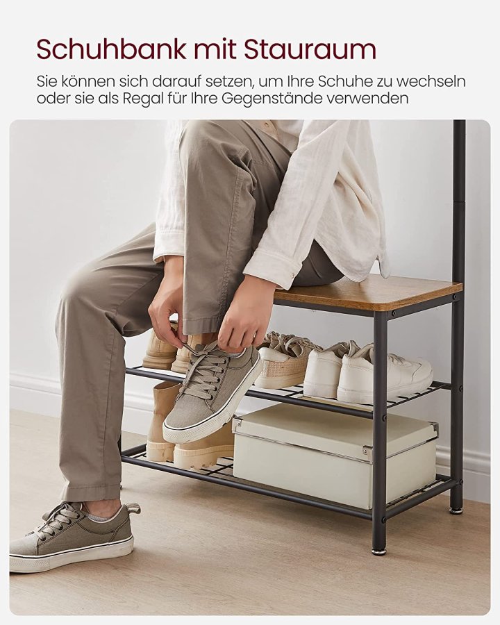 VASAGLE inngangsarrangement, m. 9 kroker, 3 hyller - valnttbrun sponplate og sort stl