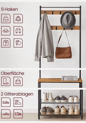 VASAGLE inngangsarrangement, m. 9 kroker, 3 hyller - valnttbrun sponplate og sort stl