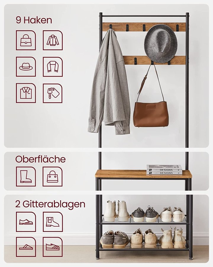 VASAGLE inngangsarrangement, m. 9 kroker, 3 hyller - valnttbrun sponplate og sort stl